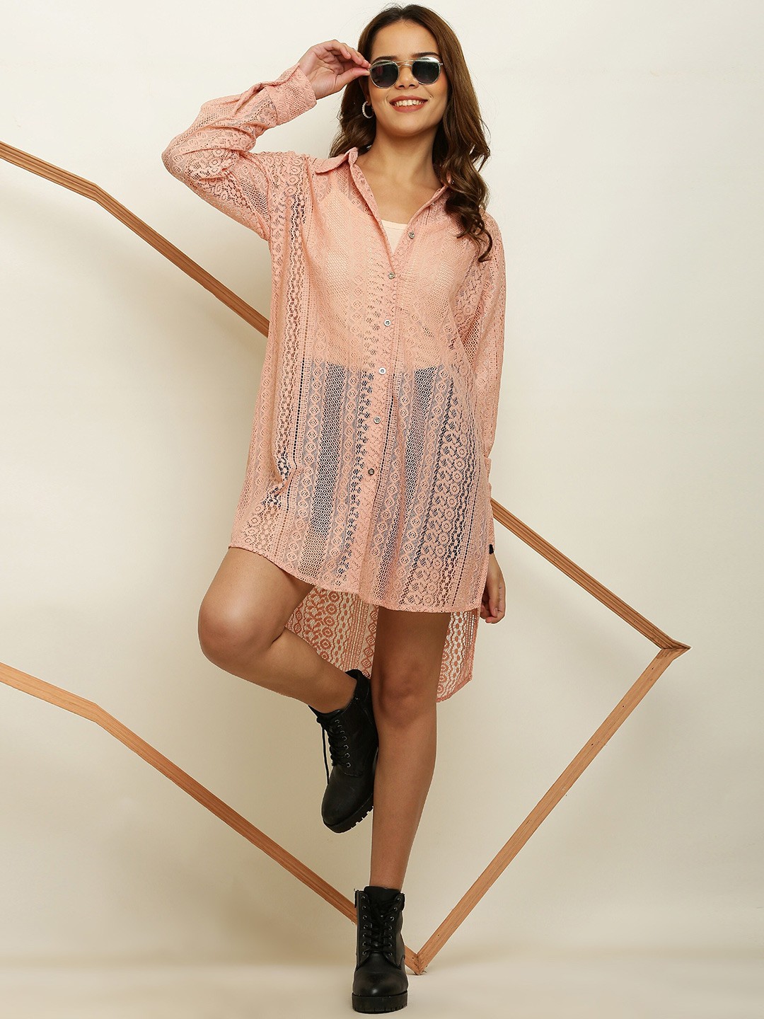 

ADDICTED ATTIRE Self Design Spread Collar Long Sleeves Net Longline Shirt, Peach