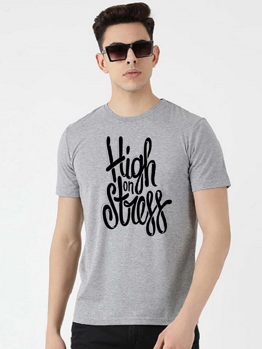 

BAESD Typography Printed Cotton Round Neck Short Sleeves Casual T-shirt, Grey