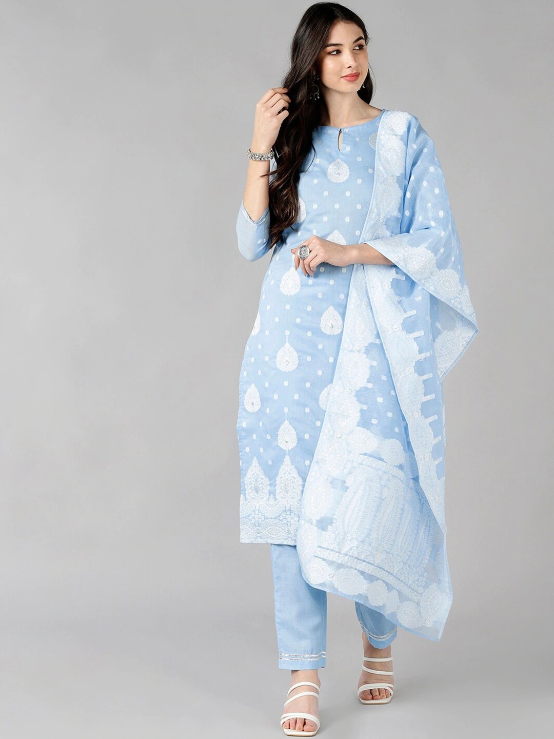 

AHIKA Ethnic Motifs Woven Design Keyhole Neck Straight Kurta with Trousers & With Dupatta, Blue