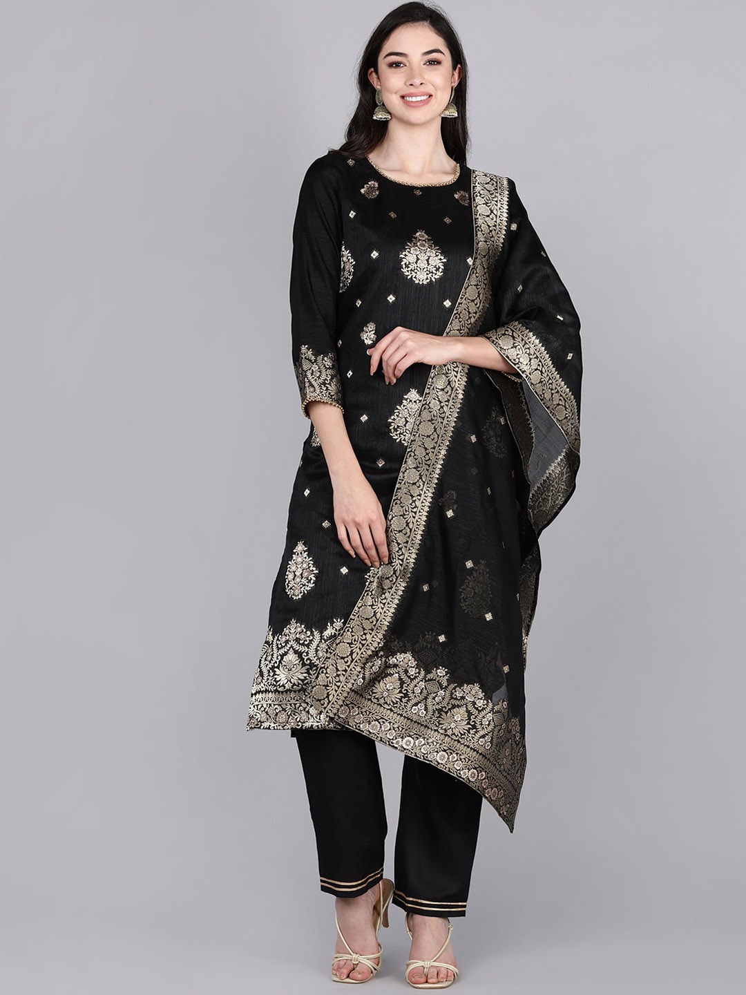 

AHIKA Round Neck Ethnic Motifs Straight Kurta with Trouser & Dupatta, Black