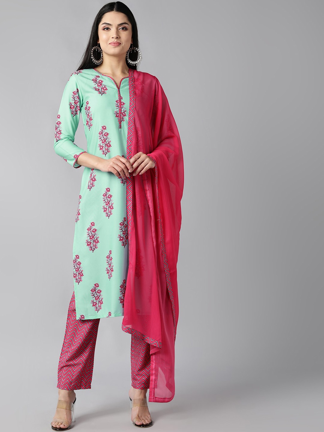 

AHIKA Notched Neck Floral Printed Straight Kurta with Trouser & Dupatta, Green