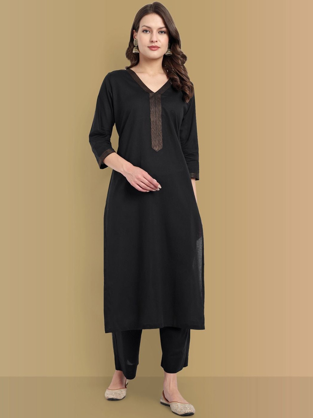 

Mera Rang Thread Work Detailed Pure Cotton Straight Kurta With Palazzo, Black