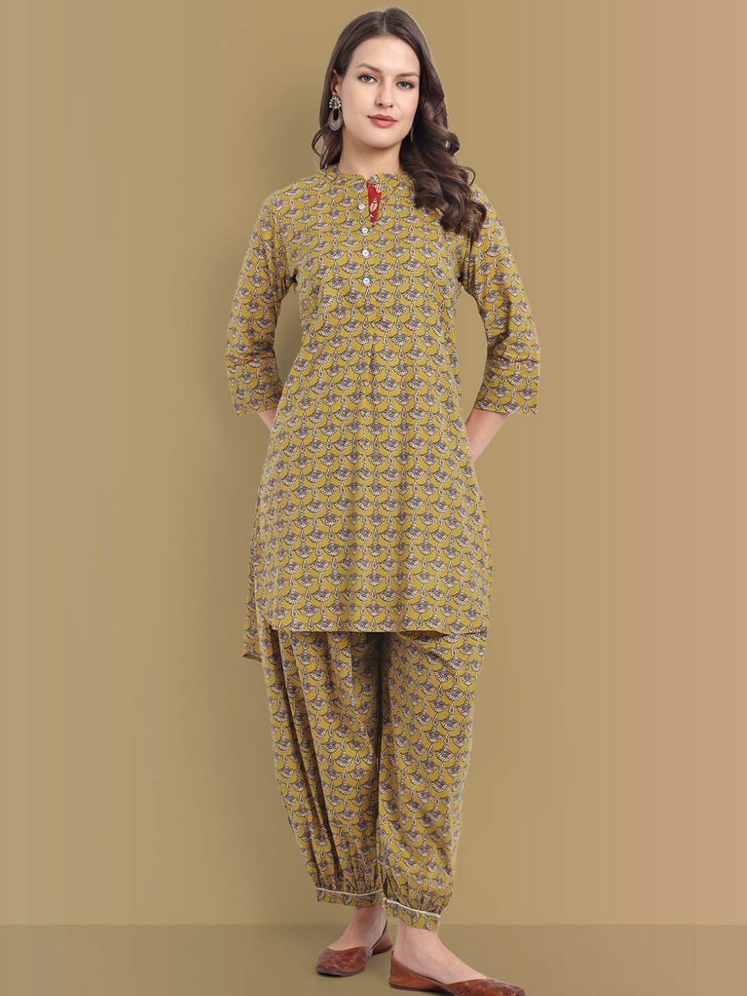 

Mera Rang Ethnic Motifs Printed Pure Cotton Straight Kurta With Salwar, Mustard