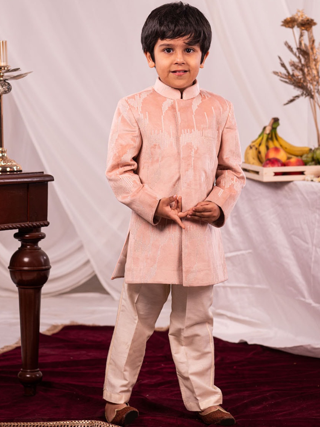 

VASTRAMAY Boys Embroidered Sherwani Set, Peach