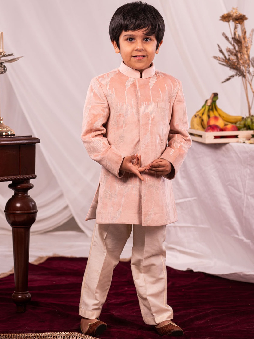 

VASTRAMAY Boys Embroidered Velvet Mandarin Collar Sherwani Set, Peach