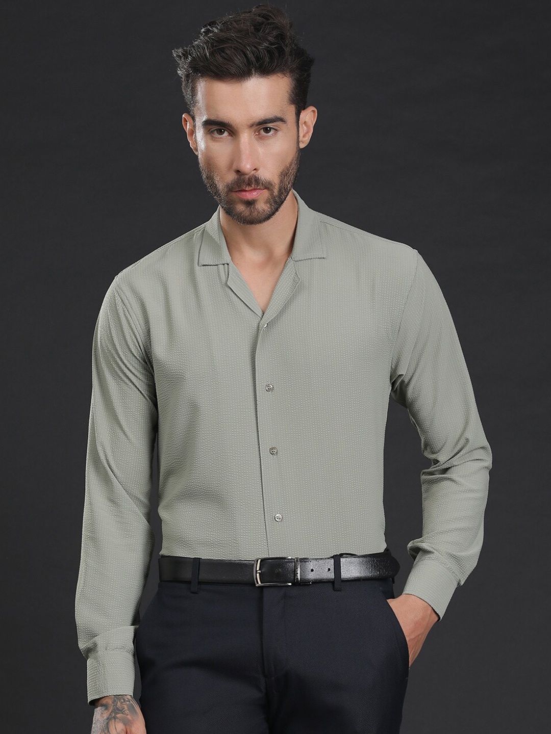

JAVINISHKA Cuban Collar Slim Fit Casual Seersucker Shirt, Green
