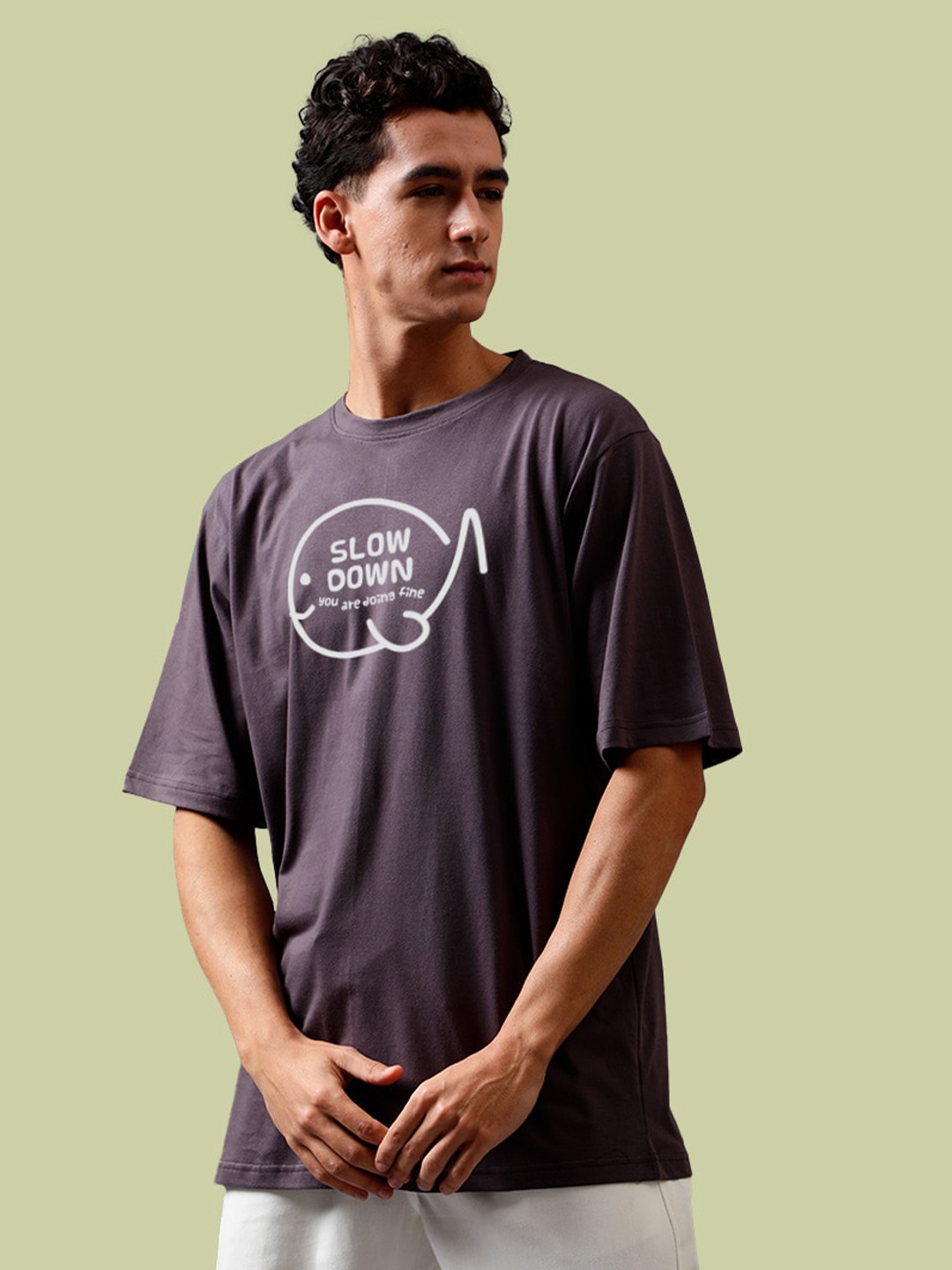 

Mad Over Print Round Neck Applique Cotton Oversized Tshirt, Grey melange