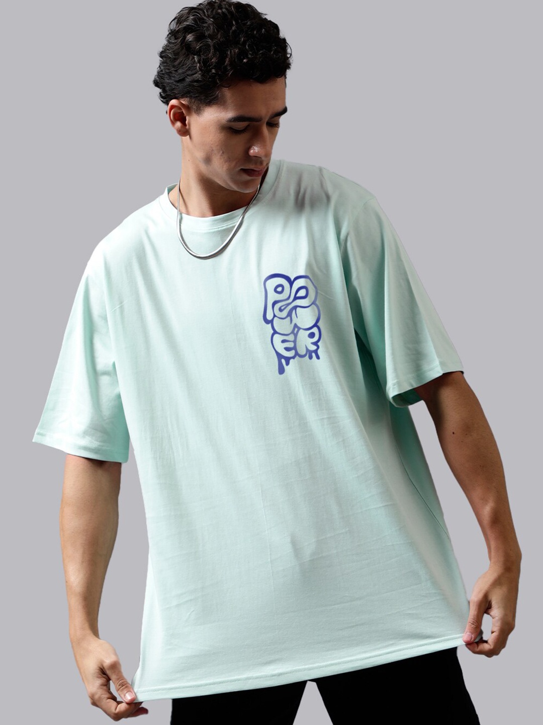 

Mad Over Print Round Neck Applique Cotton Oversized Tshirt, Sea green