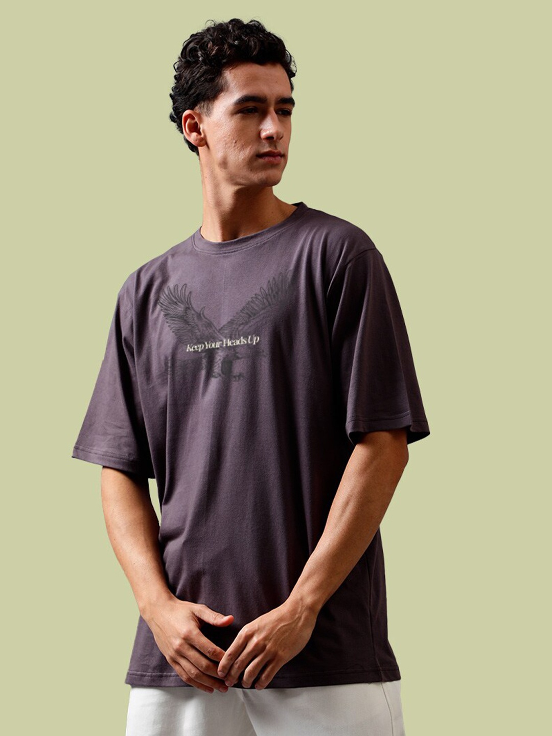 

Mad Over Print Round Neck Applique Cotton Oversized Tshirt, Grey melange