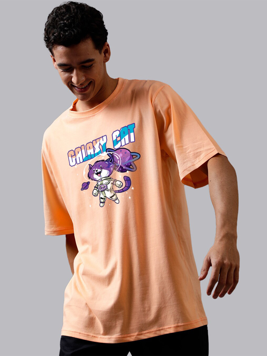 

Mad Over Print Round Neck Applique Cotton Oversized Tshirt, Peach