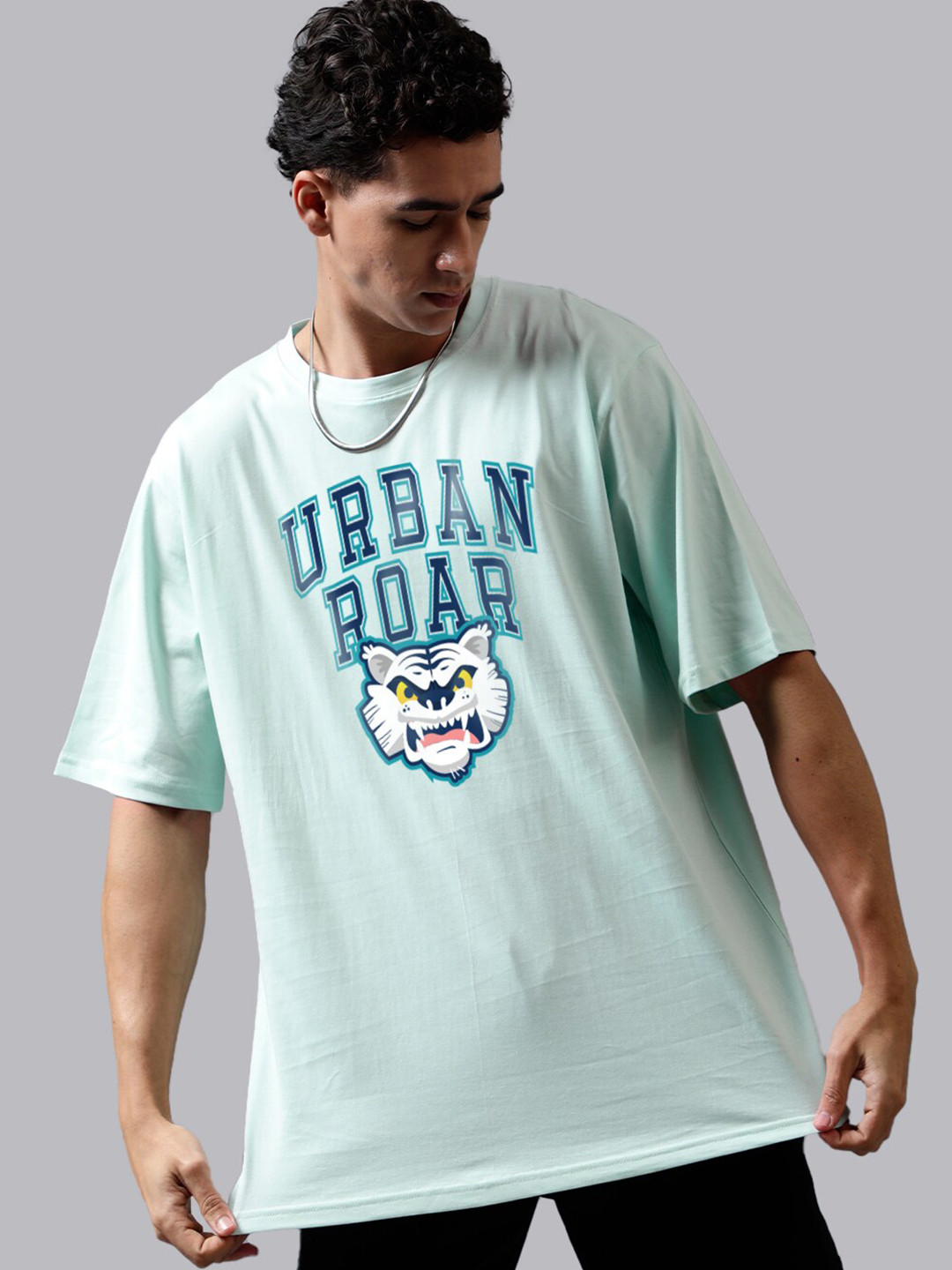 

Mad Over Print Round Neck Applique Cotton Oversized Tshirt, Sea green