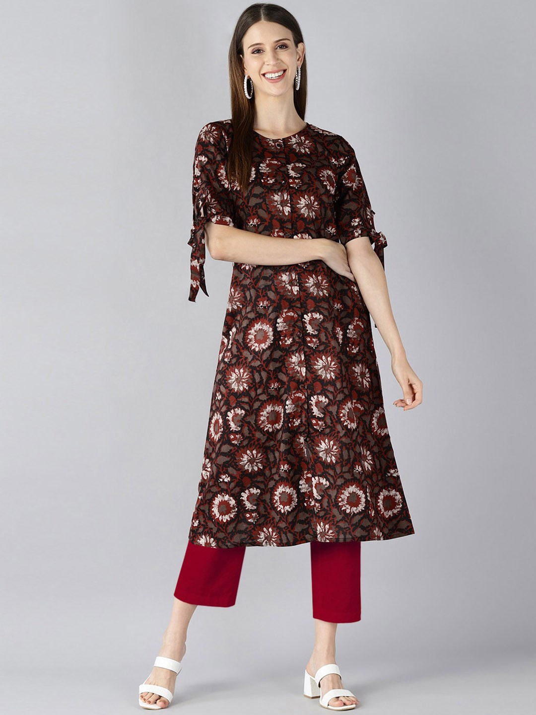 AHIKA Ethnic Motifs Printed Cotton Round Neck Kurta, Brown