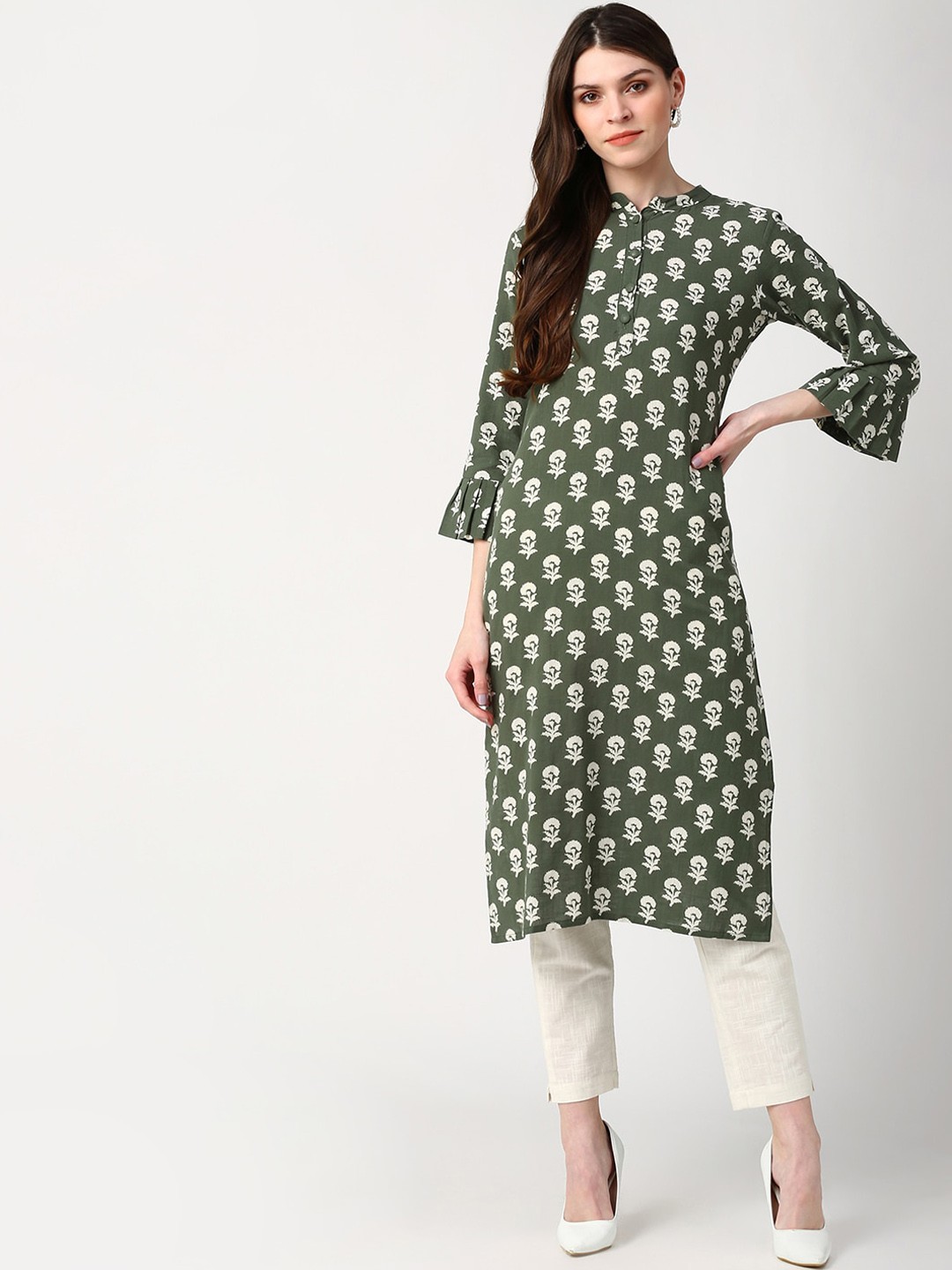 

AHIKA Ethnic Motifs Printed Cotton Mandarin Collar Kurta, Green