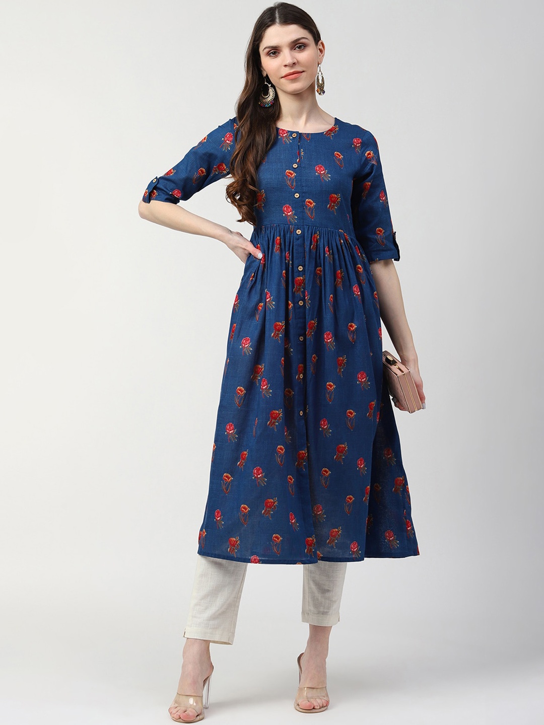 

AHIKA Floral Printed Round Neck Cotton Kurta, Blue