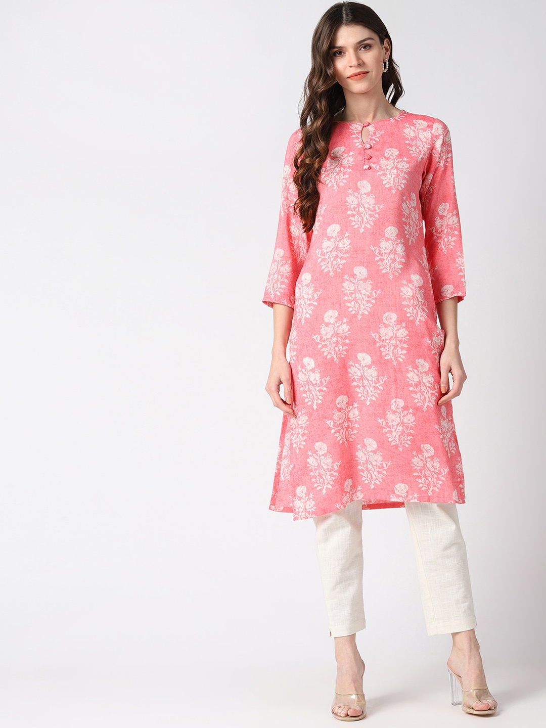 

AHIKA Floral Printed Keyhole Neck Cotton Straight Kurta, Pink