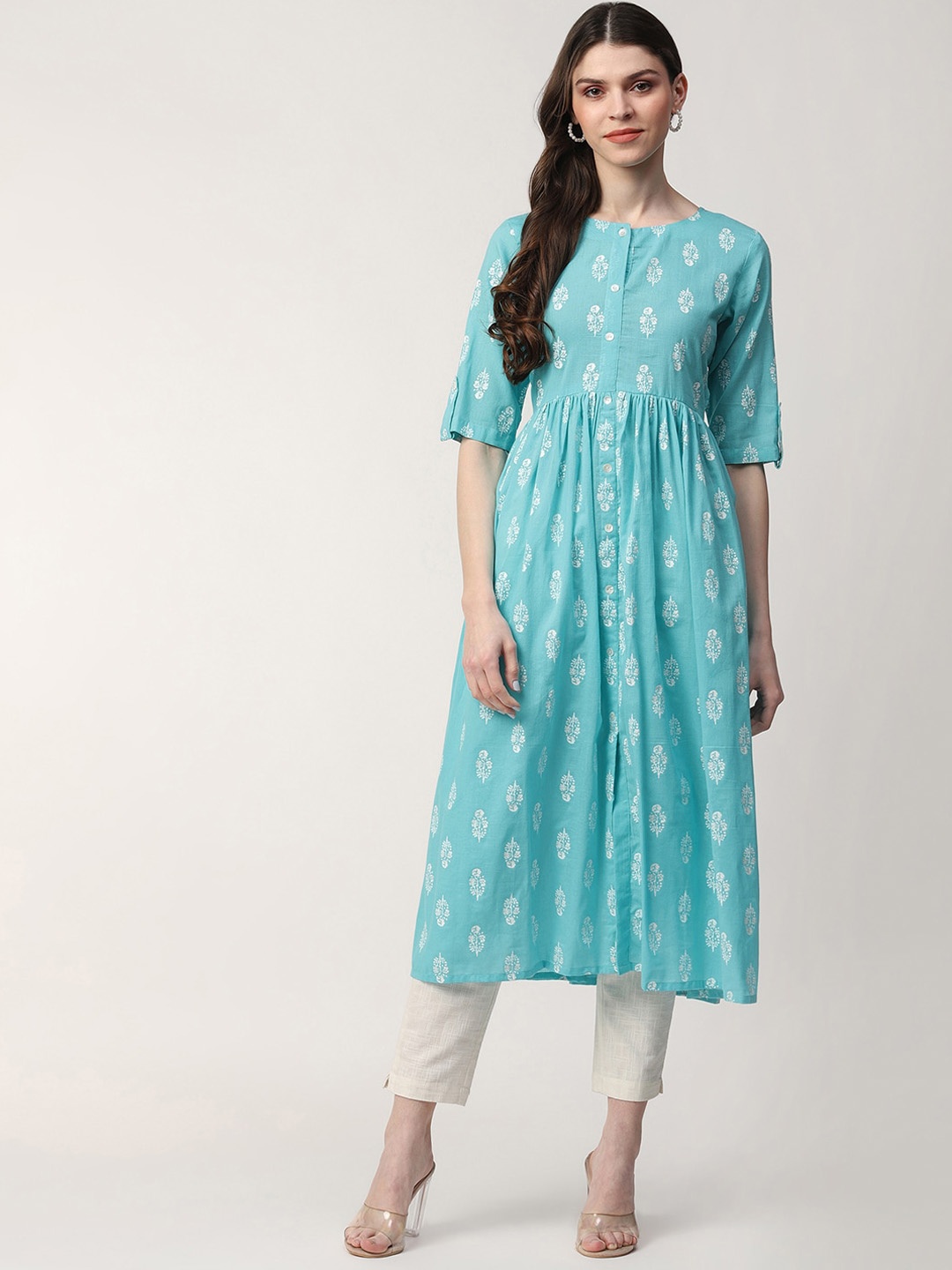 

AHIKA Floral Printed Cotton A-Line Kurta, Blue