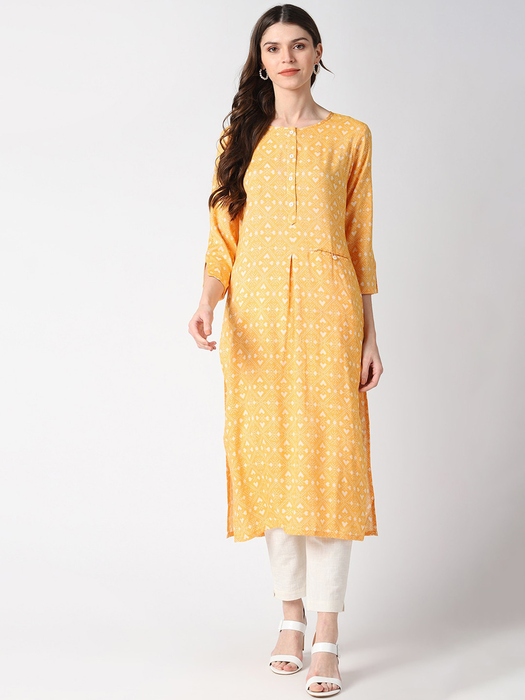 

AHIKA Geometric Printed Cotton Straight Kurta, Yellow