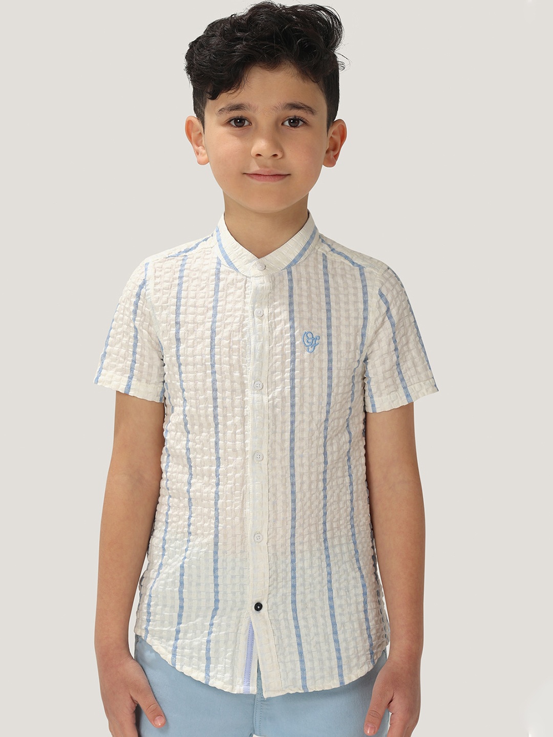 

One Friday Boys Classic Striped Mandarin Collar Cotton Casual Shirt, Off white
