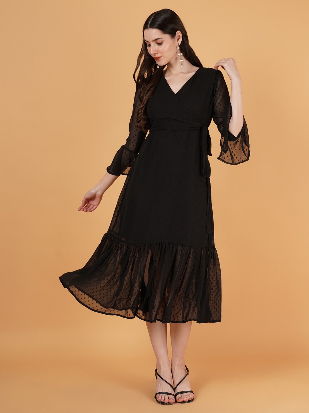 Kushi Flyer Self Design V Neck Flared Sleeves Georgette Wrap Midi Dress, Black