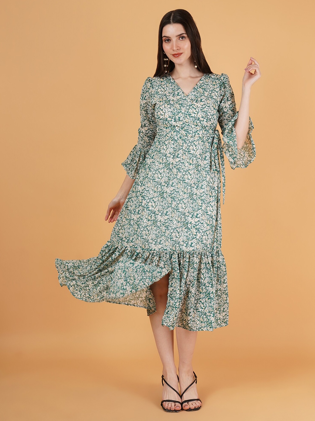 

Kushi Flyer Floral Printed Flared Sleeves Georgette A Line Midi Dress, Green