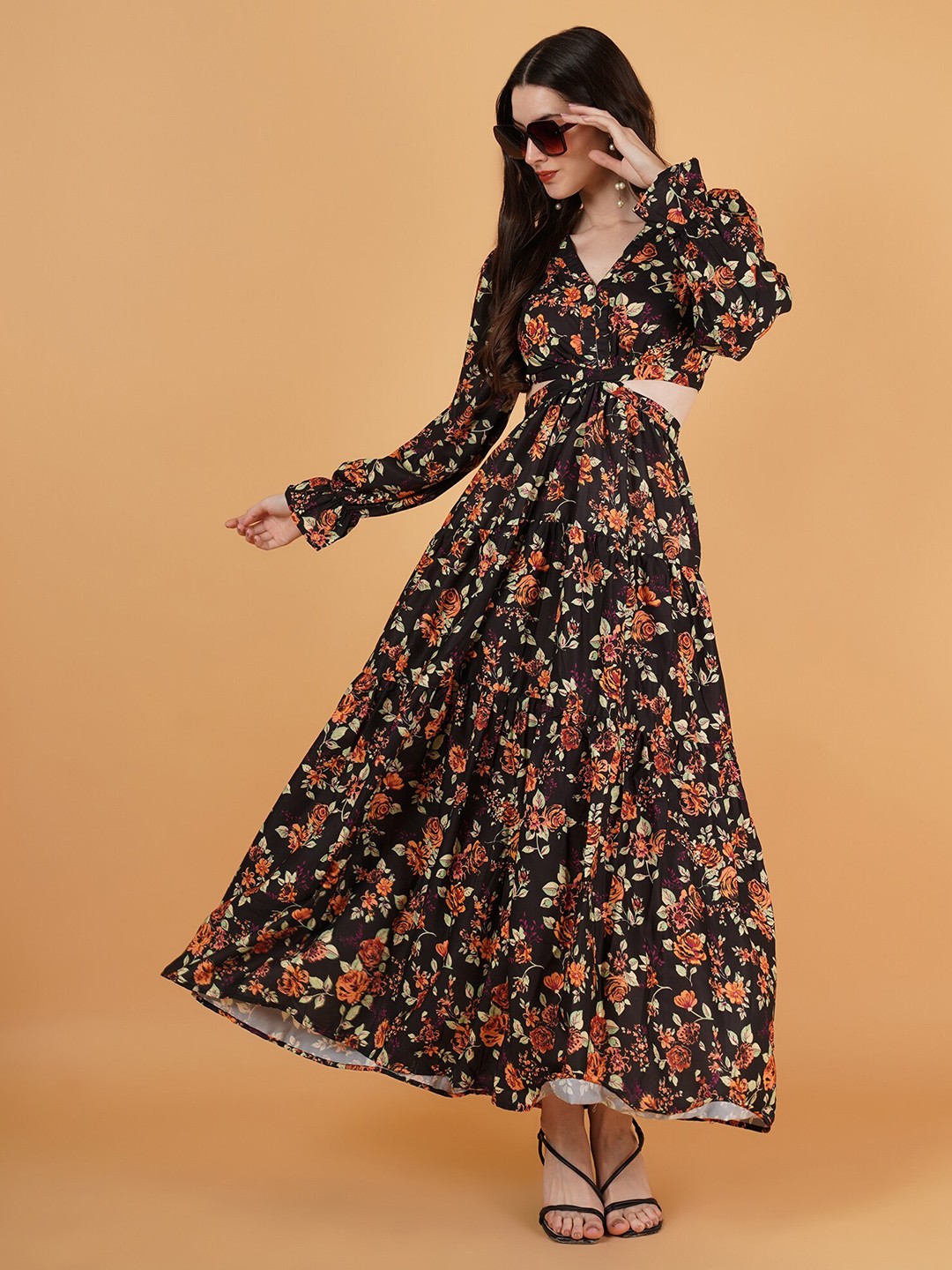 

Kushi Flyer Floral Print Crepe Maxi Dress, Black