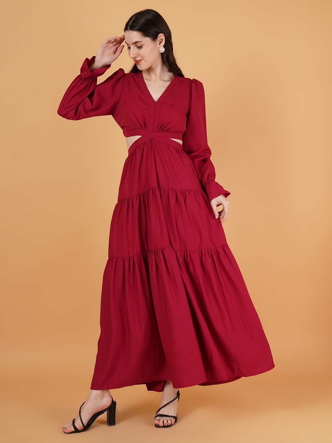 

Kushi Flyer V Neck Puff Sleeves Waist Cut Outs Tiered Fit & Flare Maxi Dress, Maroon