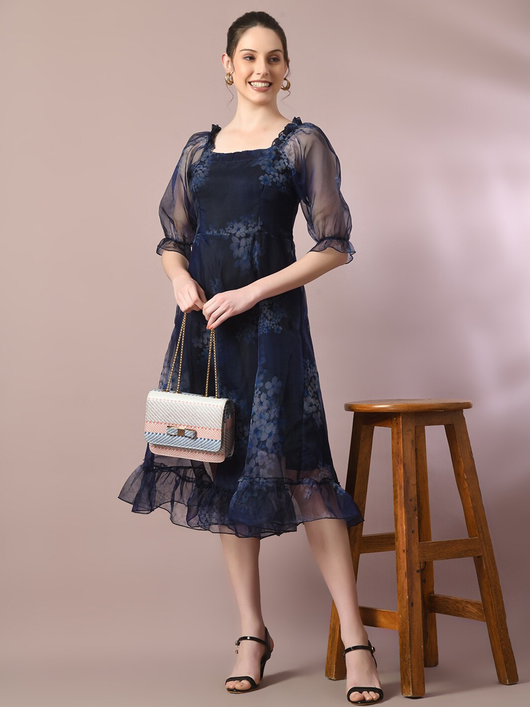 

HERE&NOW Floral Printed Square Neck Puff Sleeves Silk Fit & Flare Midi Dress, Navy blue