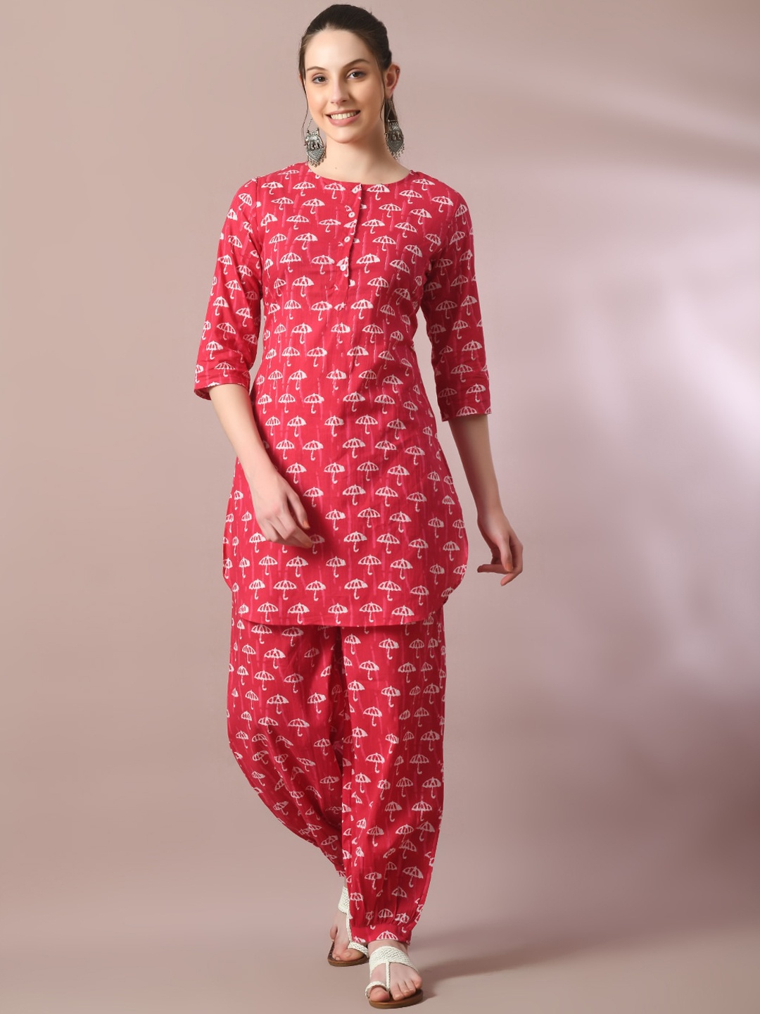 

HERE&NOW Printed Cotton Tunic With Trousers Set, Pink