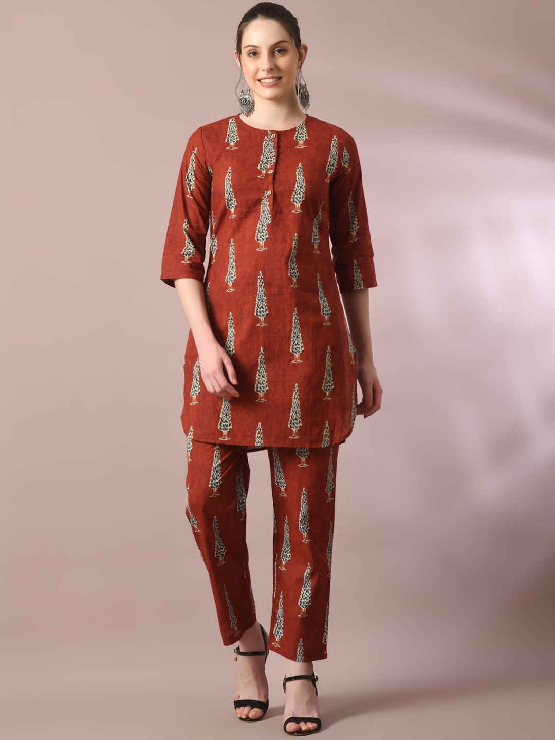 

HERE&NOW Printed Cotton Tunic With Trousers Set, Rust