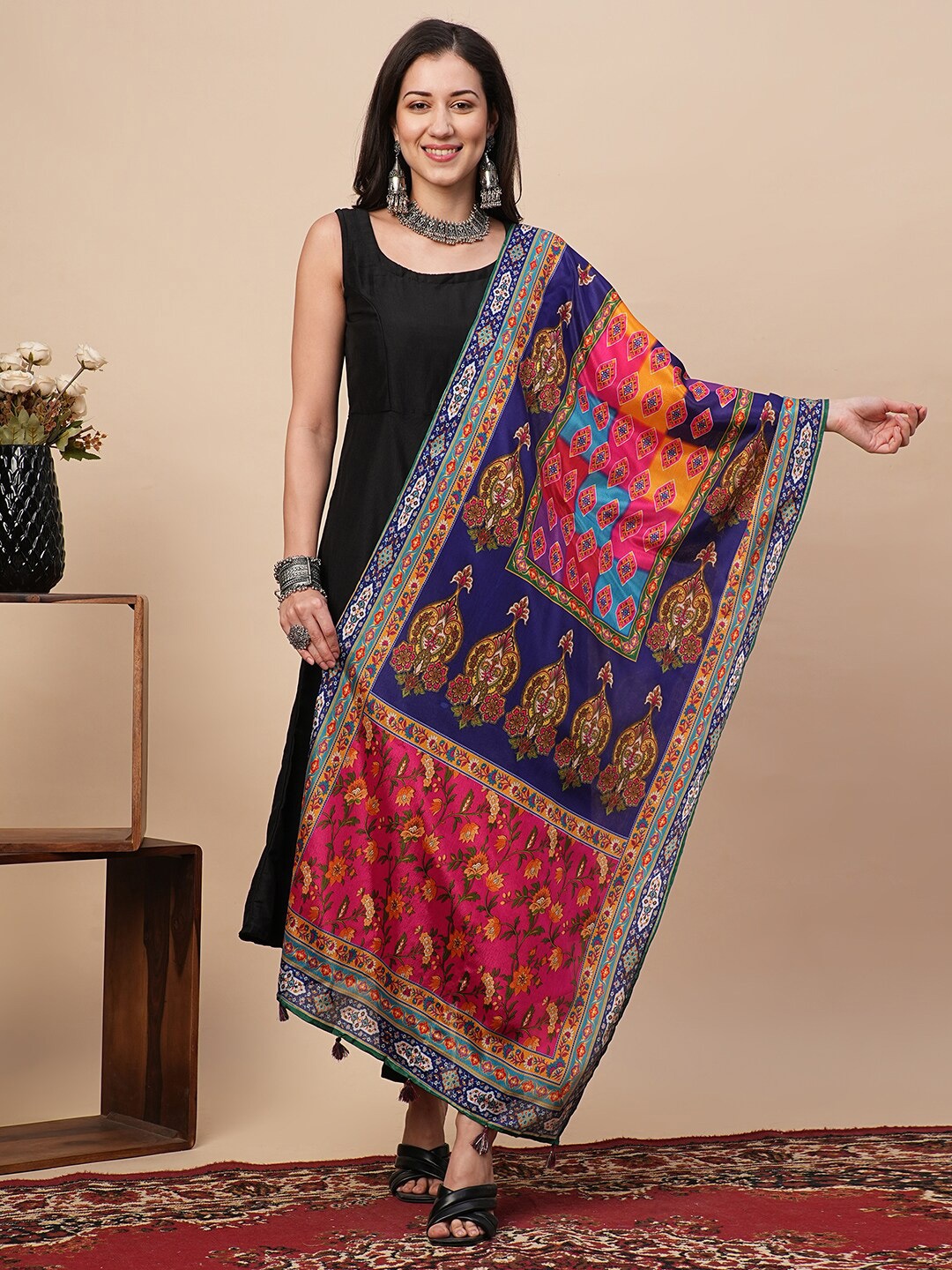 

Globus Blue Ethnic Motifs Printed Tassel Dupatta