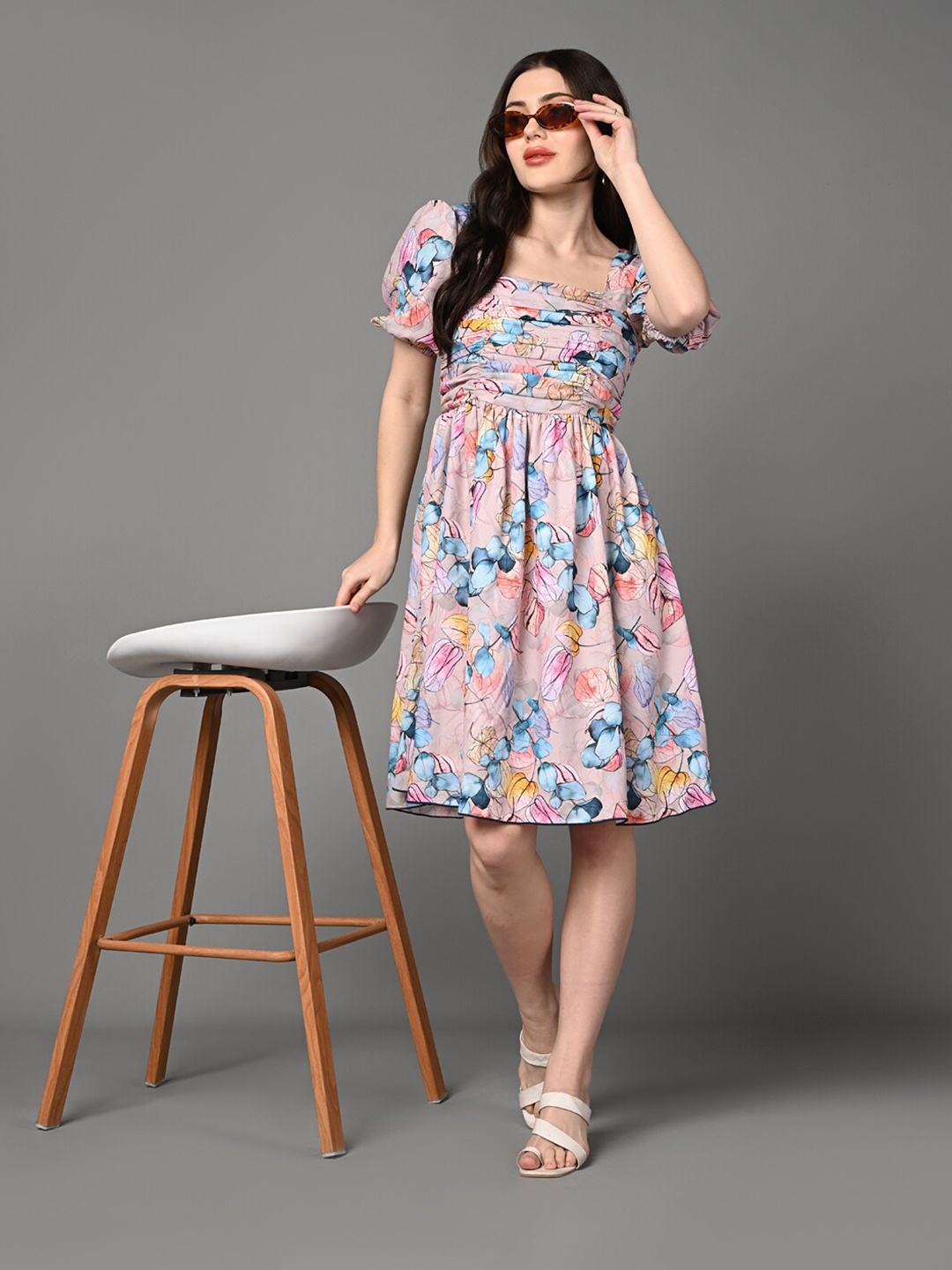 

Justin Whyte Floral Printed Crepe Gathered Fit & Flare Dress, Peach