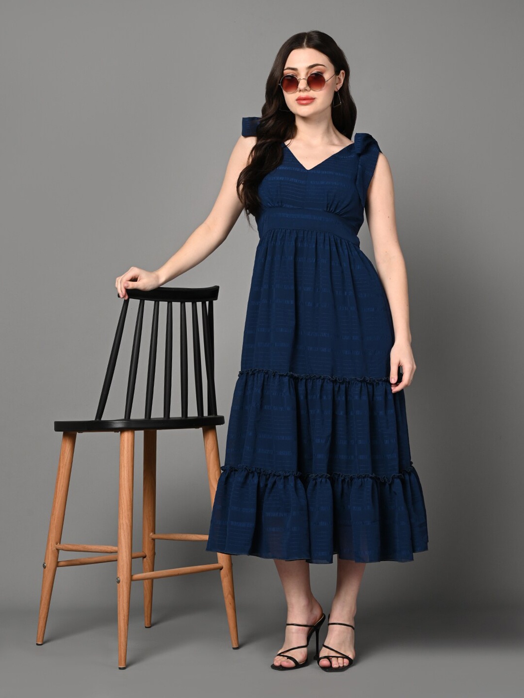 

Justin Whyte Alexandra Shoulder Straps Fit and Flare Midi Tiered Dress, Turquoise blue