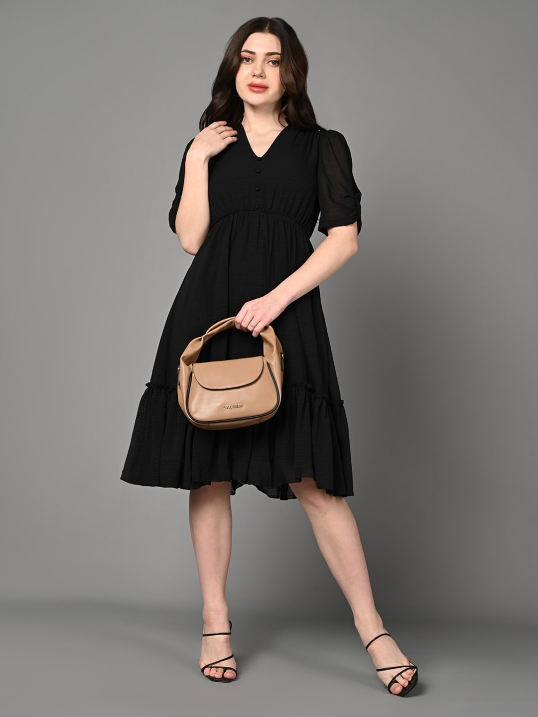 

Justin Whyte V Neck Puff Sleeve Empire Tiered Dress, Black