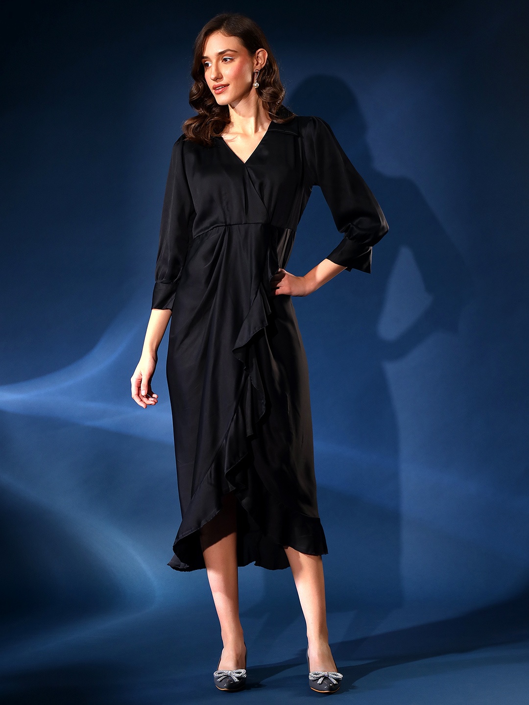 

Justin Whyte Puff Sleeve Midi Wrap Dress, Black