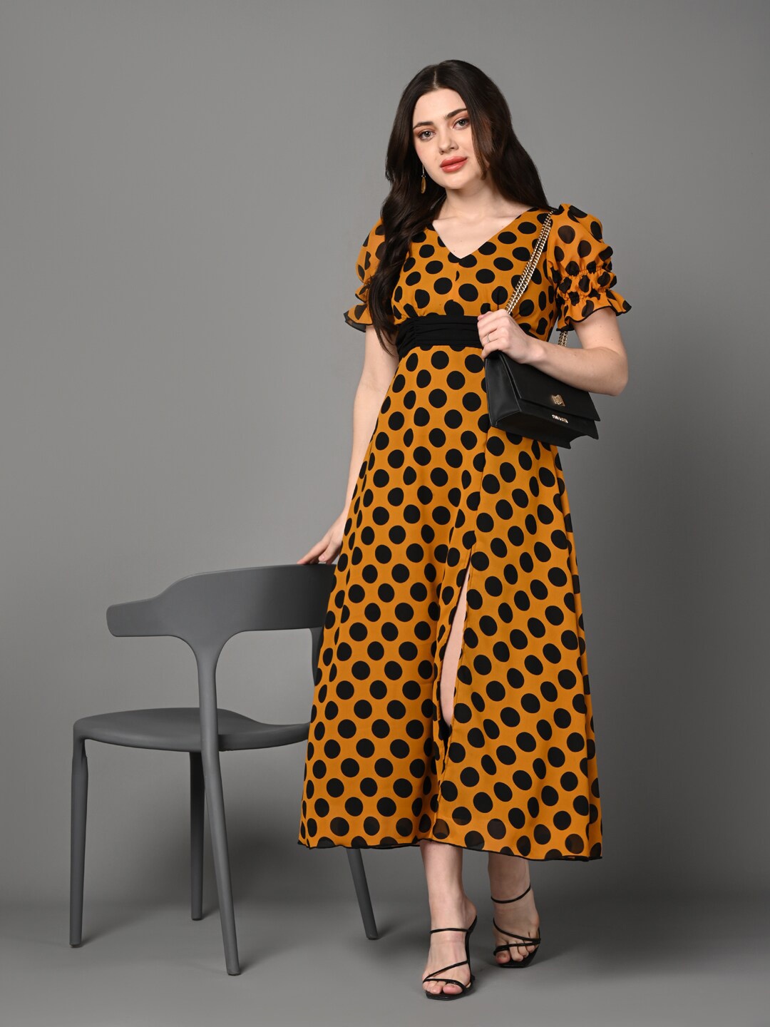 

Justin Whyte Polka Dots Printed Georgette Fit and Flare Maxi Dress, Mustard