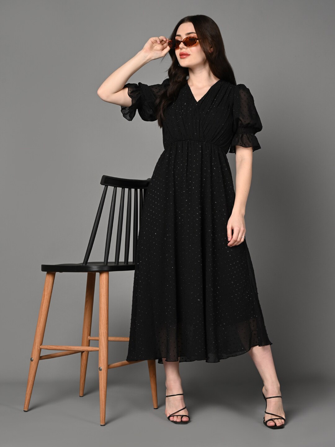 Justin Whyte Polka Dot Printed V-neck Fit and Flare Midi Dress, Black