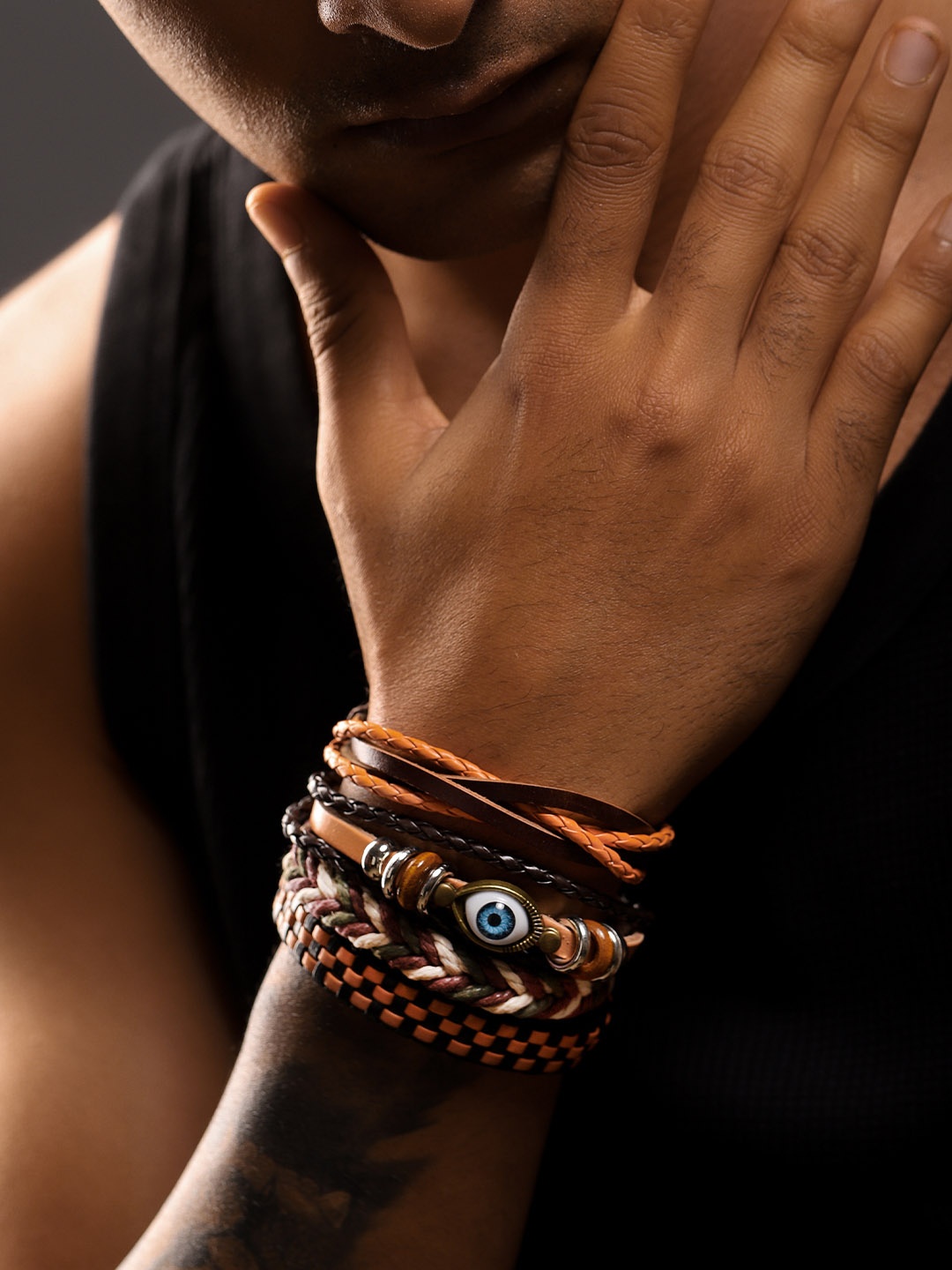 

The Roadster Lifestyle Co Men Set of 4 Leather Adjustable Wrap Bracelet, Brown