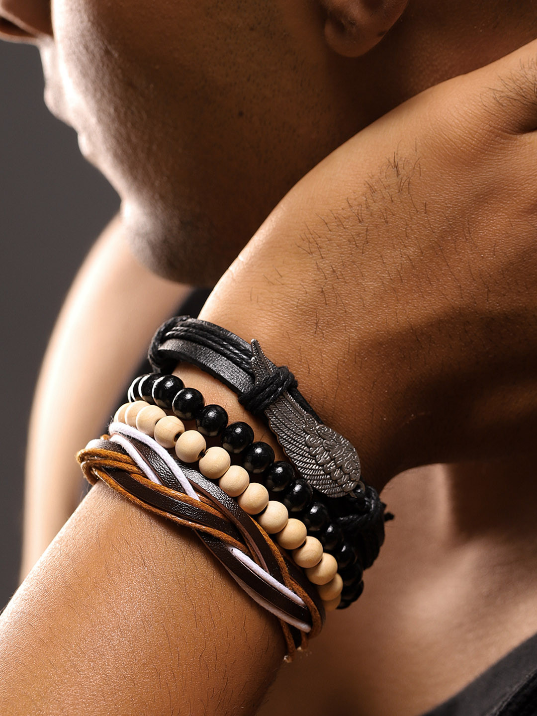 

The Roadster Lifestyle Co. Men Set of 4 Leather Adjustable Multistrand Bracelet, Black