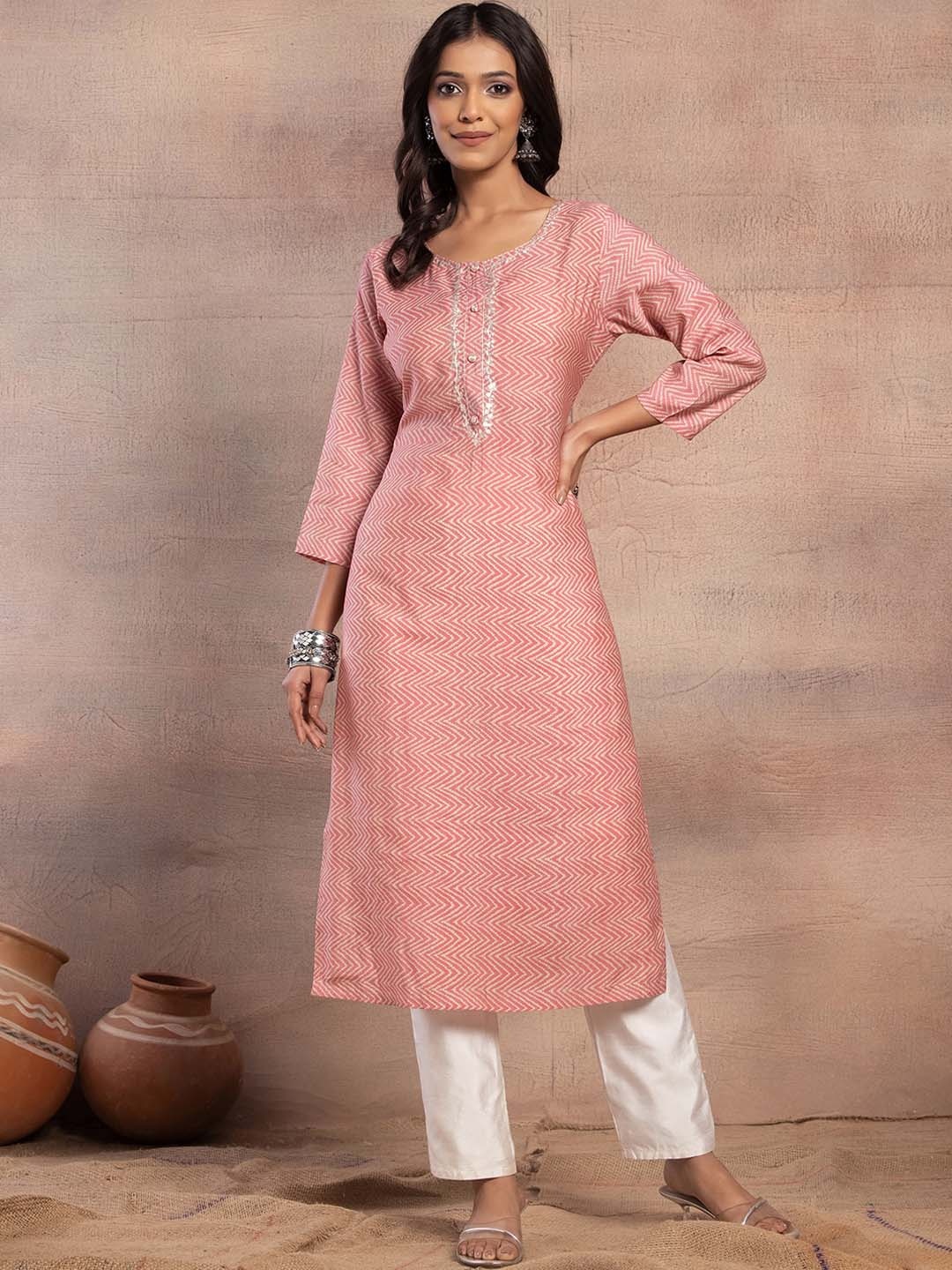 

INDYA Chevron Printed Thread Work Chanderi Silk Straight Kurta, Pink