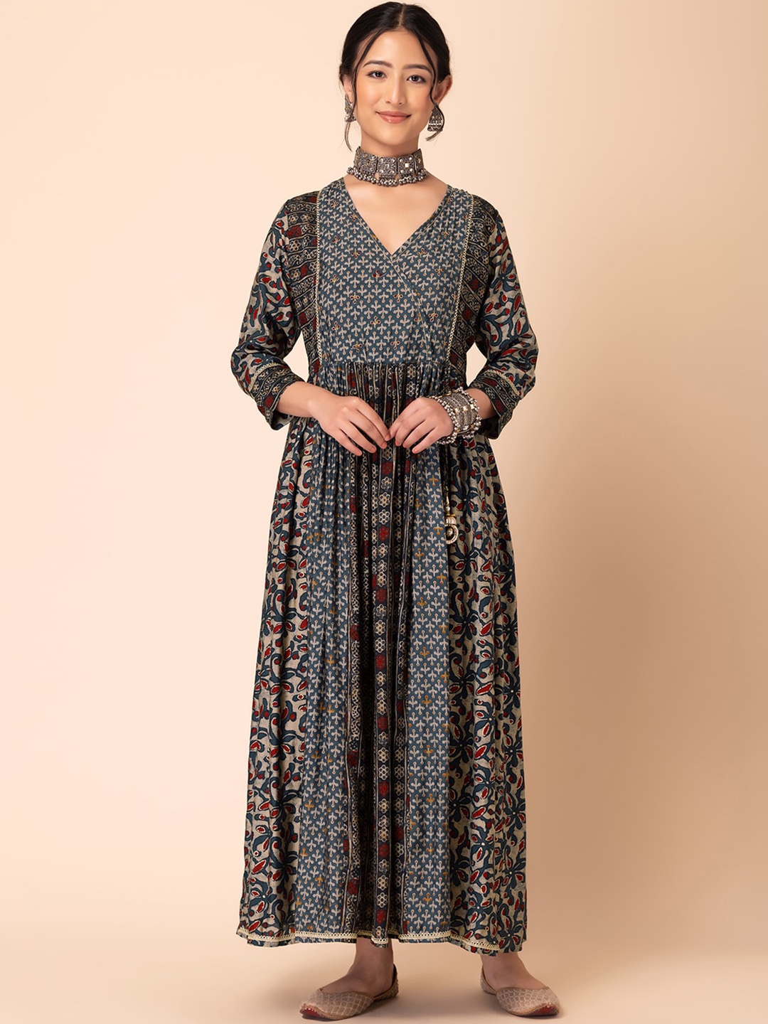 

INDYA Printed Pure Cotton Maxi Ethnic Dress, Beige