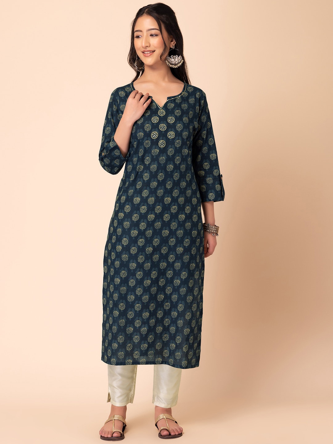 

INDYA Ethnic Motifs Block Printed Pure Cotton Straight Kurta, Blue