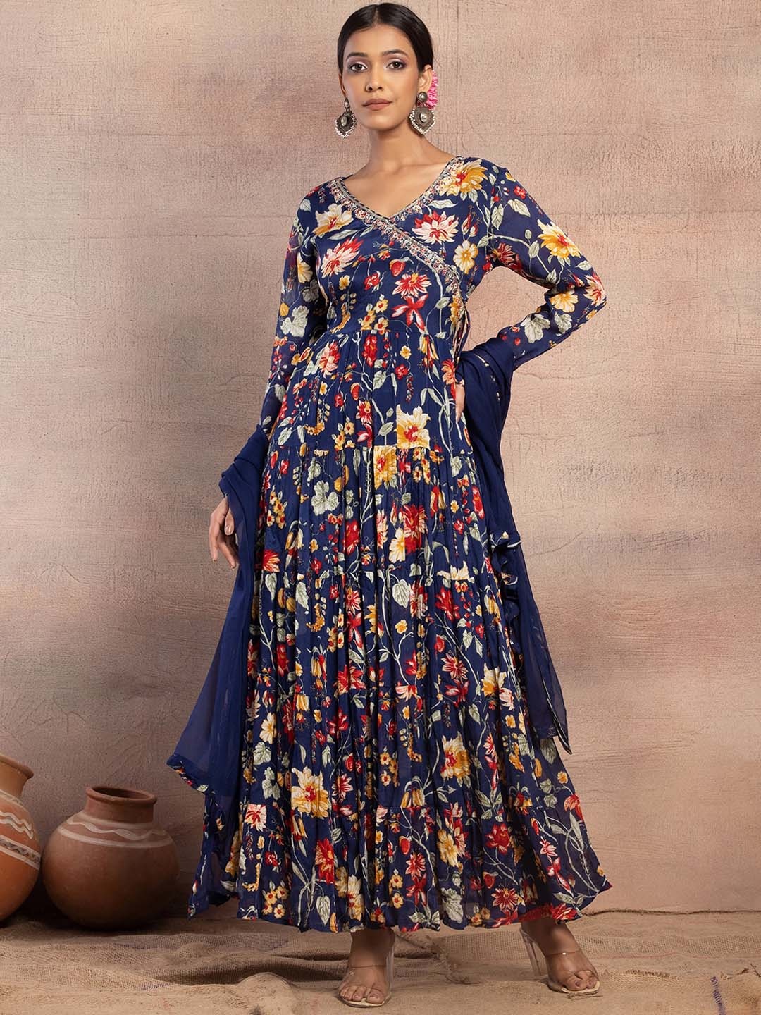 

INDYA Floral Printed & Mirror Embroidered Anarkali Kurta With Trousers & Dupatta, Blue