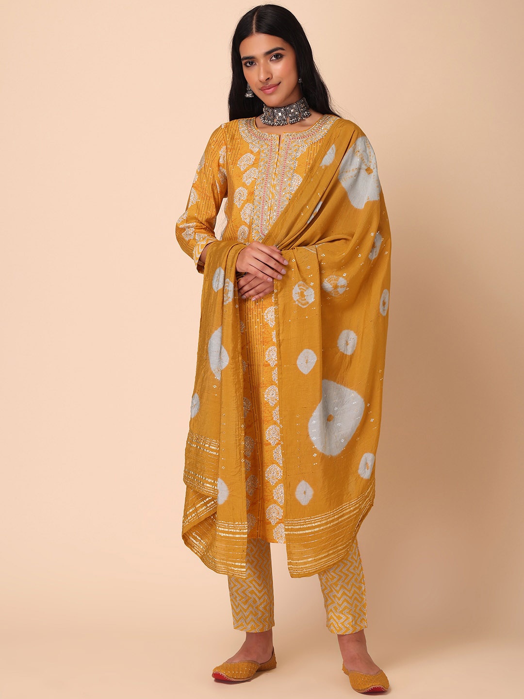 

INDYA Bandhani Printed Sequinned Pure Cotton Muslin Kurta With Trousers & Dupatta, Yellow