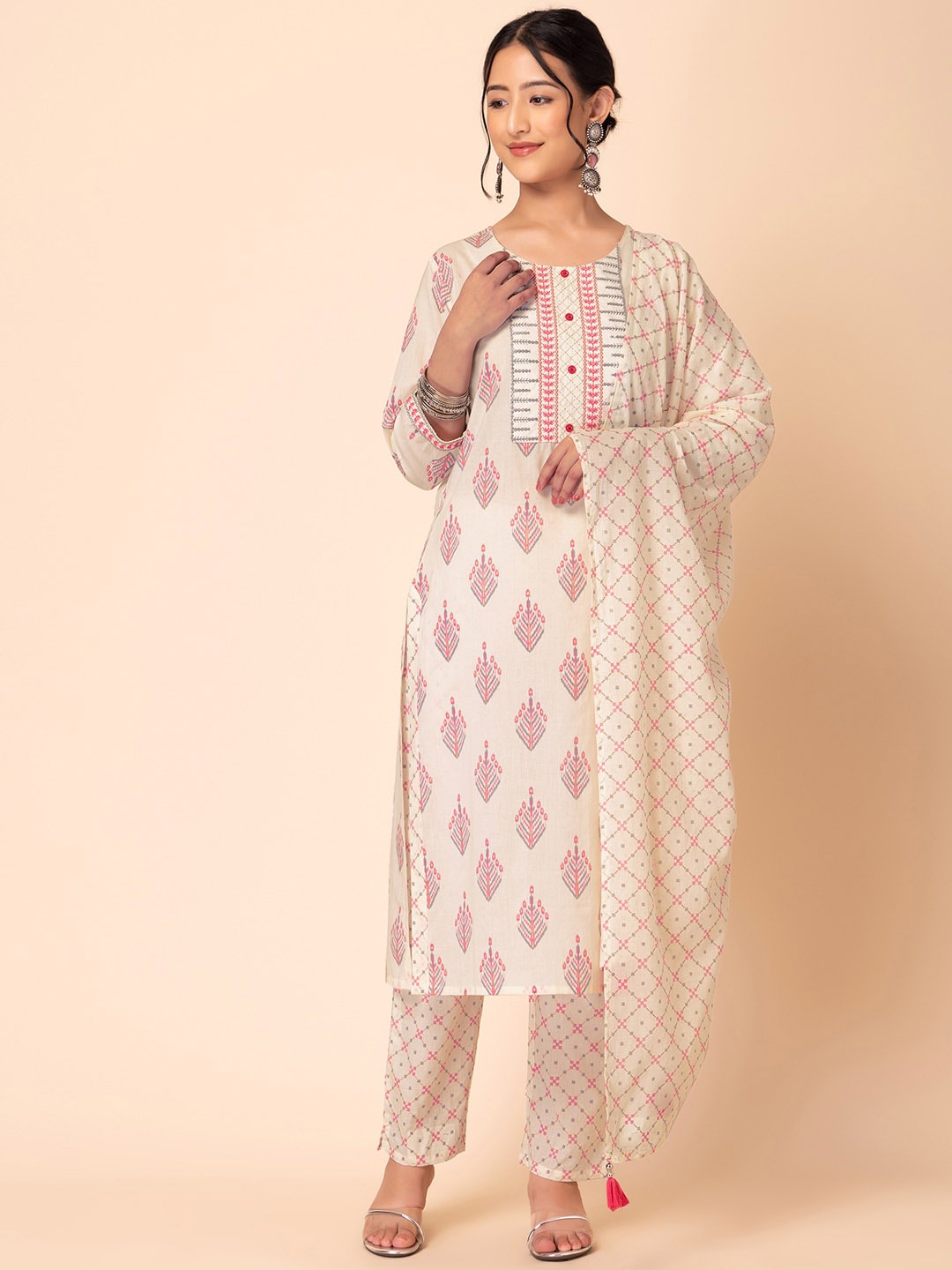 

INDYA Ethnic Motifs Printed Pure Cotton Round Neck Kurta With Trousers & Dupatta, White