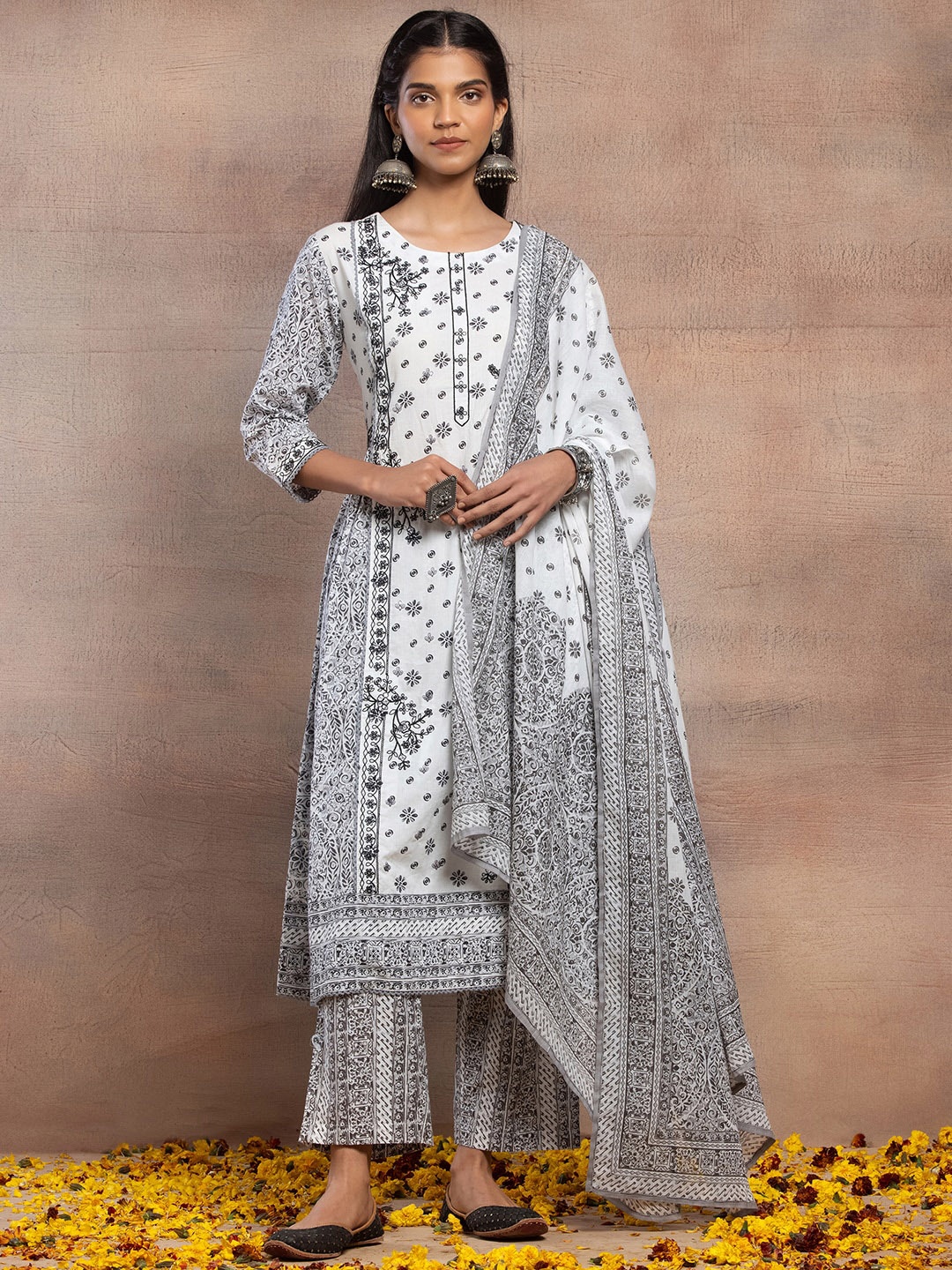 

INDYA Ethnic Motifs Printed Pure Cotton A-Line Kurta With Trousers & Dupatta, White