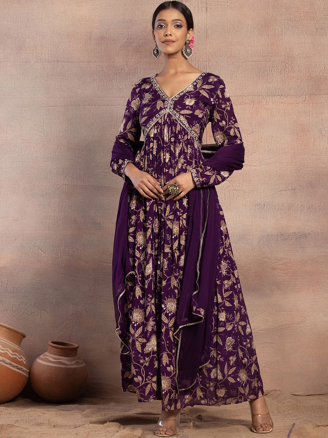 

INDYA Floral Printed & Embroidered V-Neck Empire Anarkali Kurta With Trousers & Dupatta, Purple