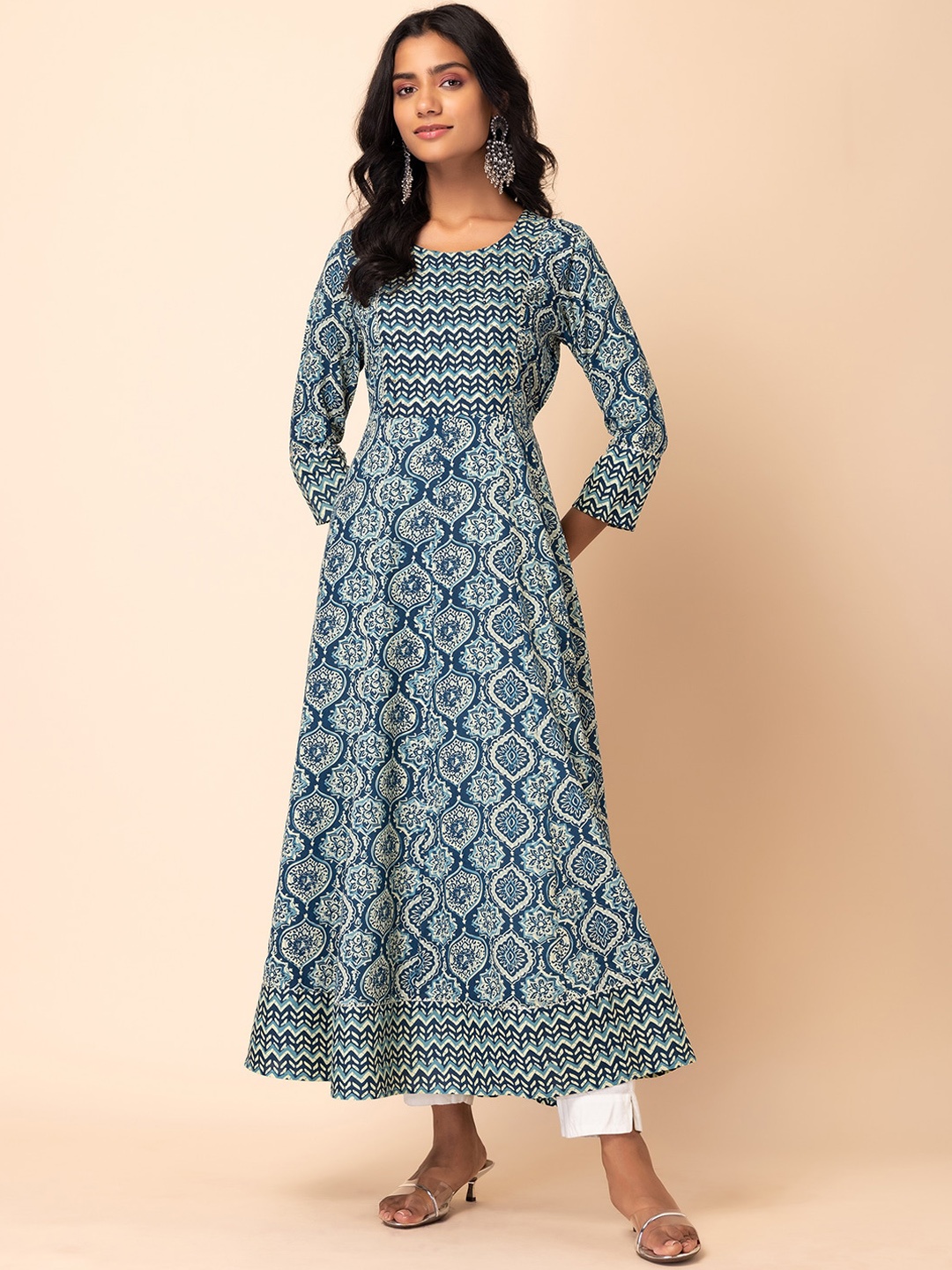 

INDYA Batik Printed Pleated Anarkali Kurta, Grey