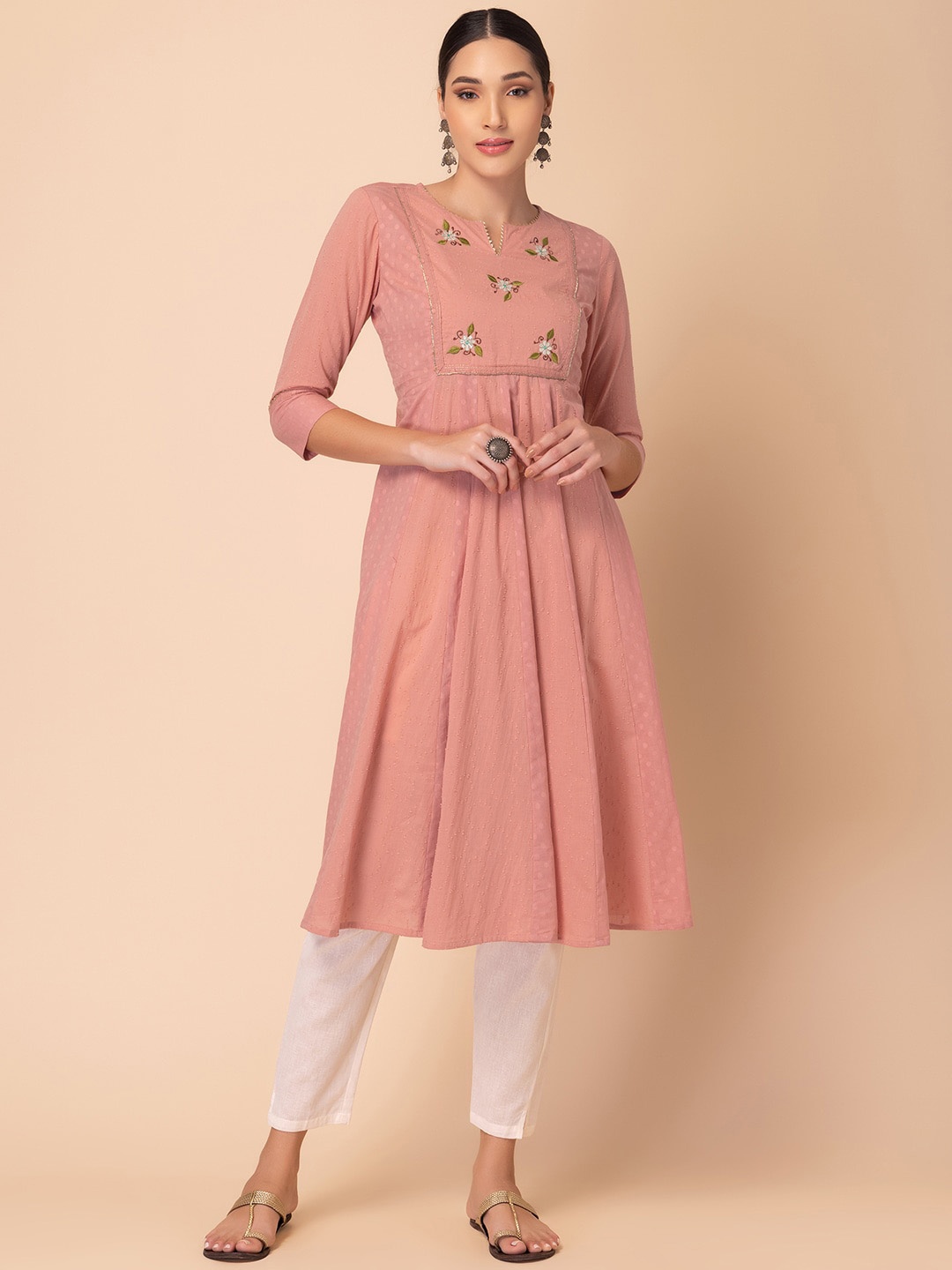 

INDYA Floral Embroidered Pure Cotton A-Line Kurta, Peach