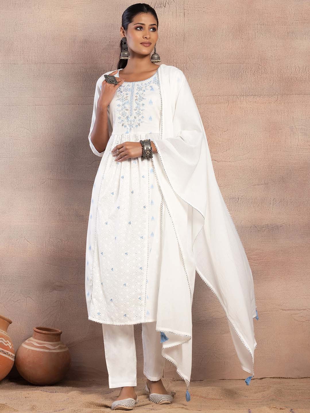 

INDYA Thread Embroidered Pure Cotton A-Line Kurta With Trousers & Dupatta, White
