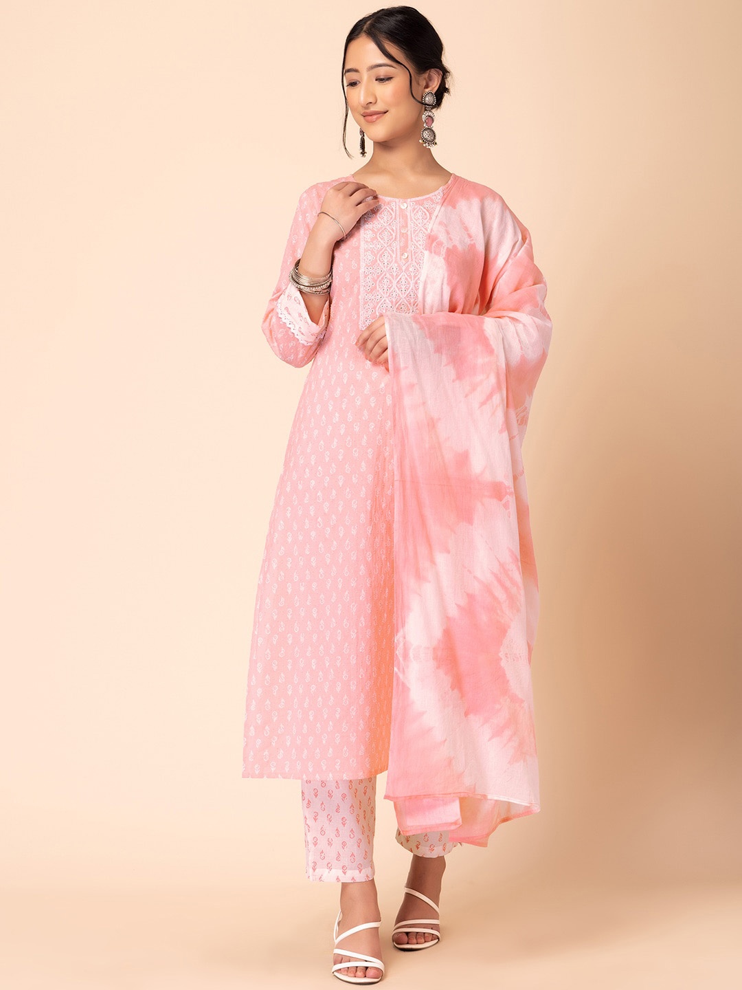 

INDYA Batik Printed Sequinned Pure Cotton Kurta With Trousers & Dupatta, Pink